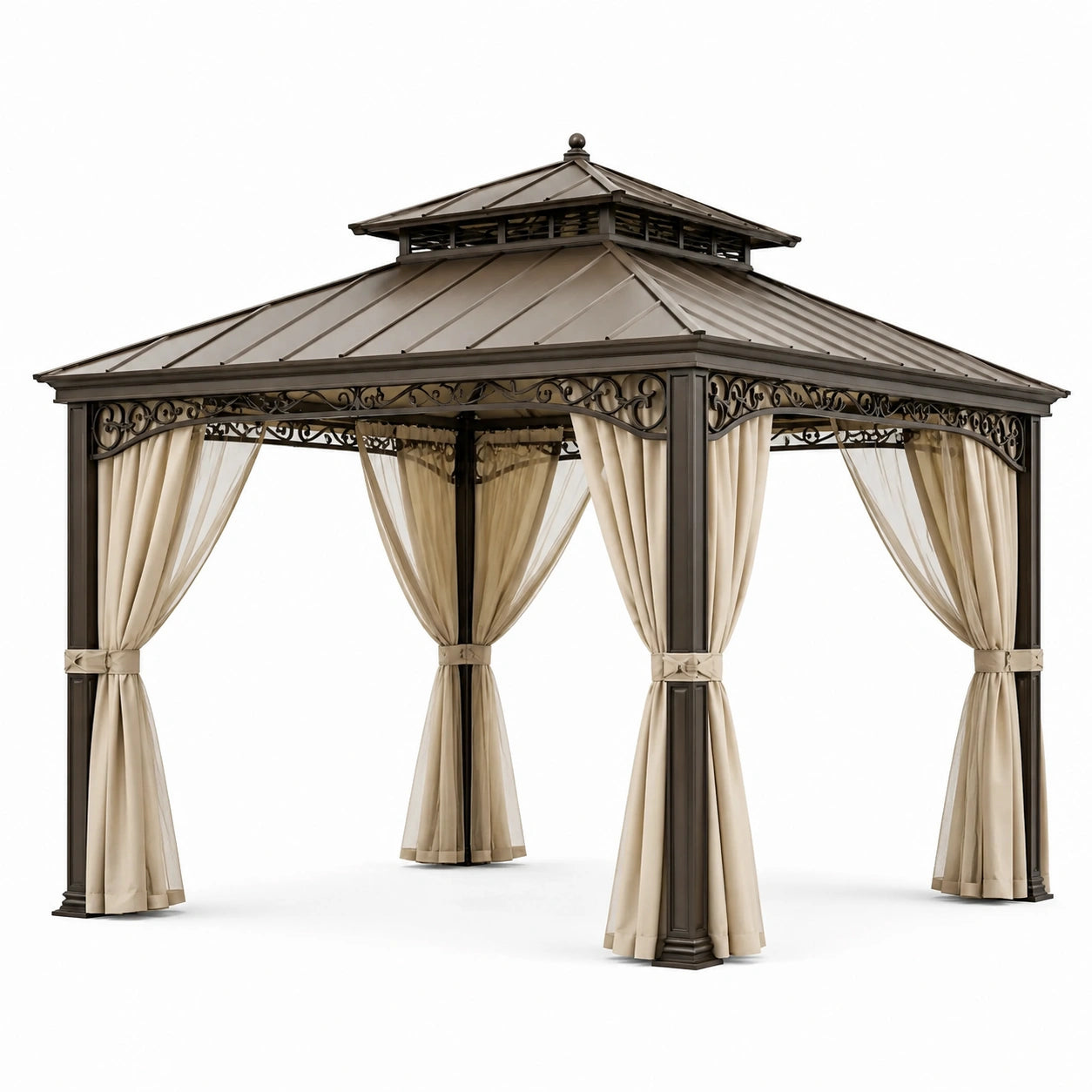 Metallpavillon mit Polyester Vorhängen 300x300 cm Braun