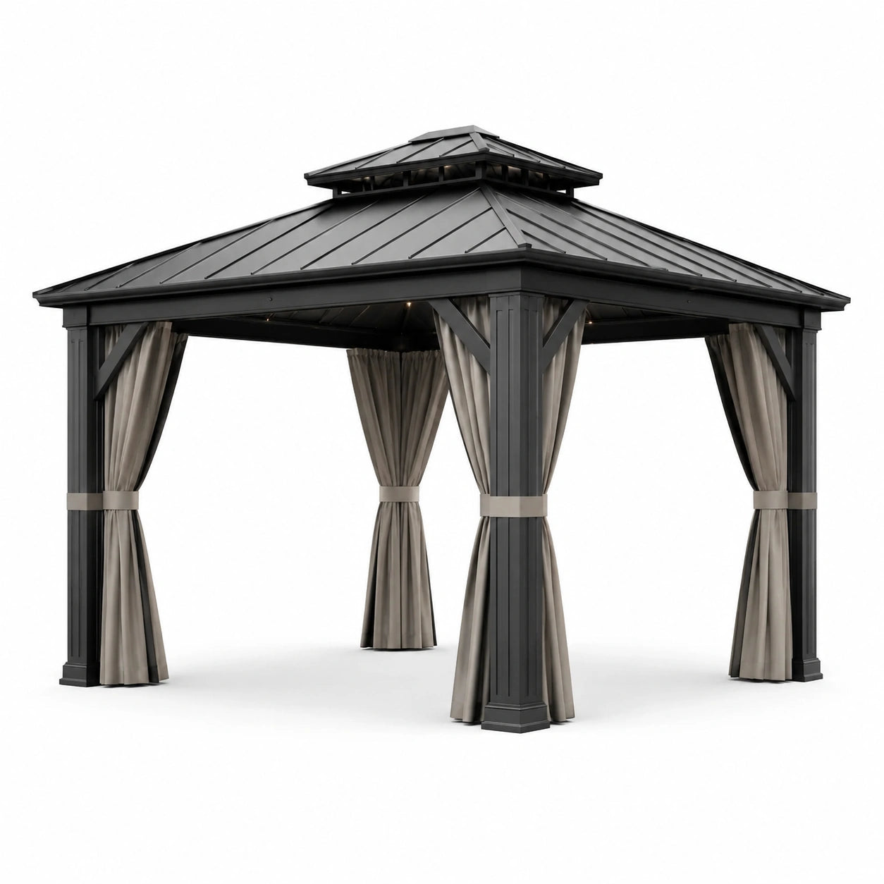 Metallpavillon mit Polyester-Vorhängen 300x300 cm in Schwarz und Grau