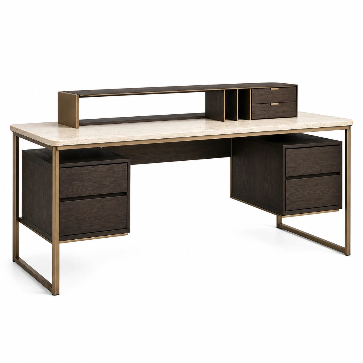 Schreibtisch aus Holz mit Travertinplatte und Stahlrahmen, Dunkelbraun