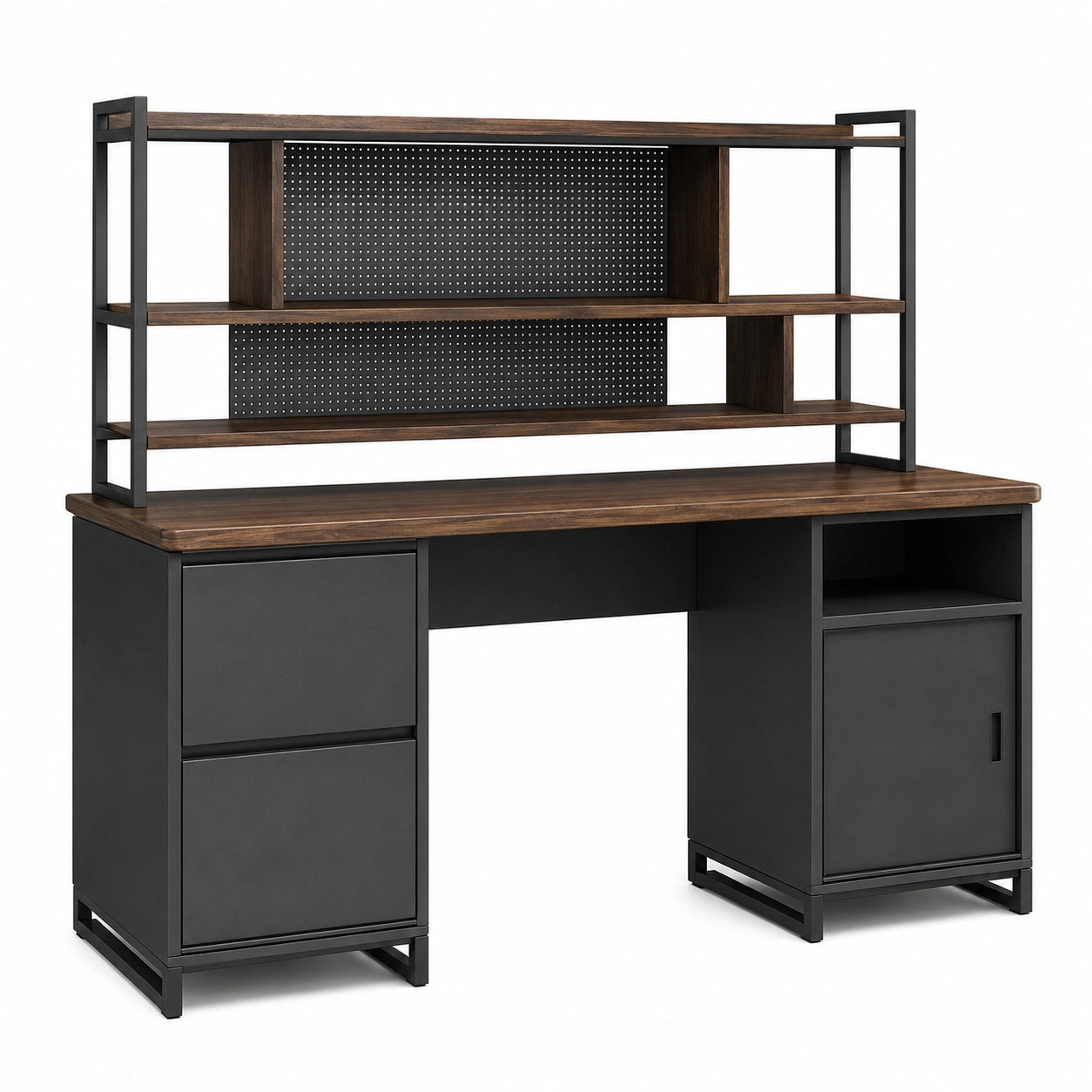 Holz-Metall-Schreibtisch mit Regalen Schwarz/Dunkelbraun