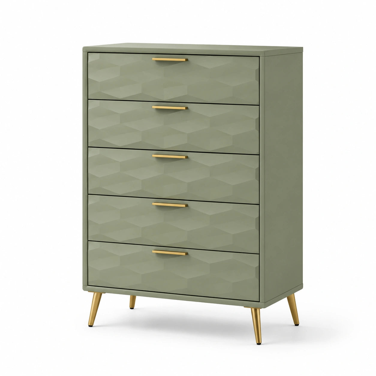 Kommode mit MDF und Metall, 5 Schubladen, Grün/Gold, 120 cm