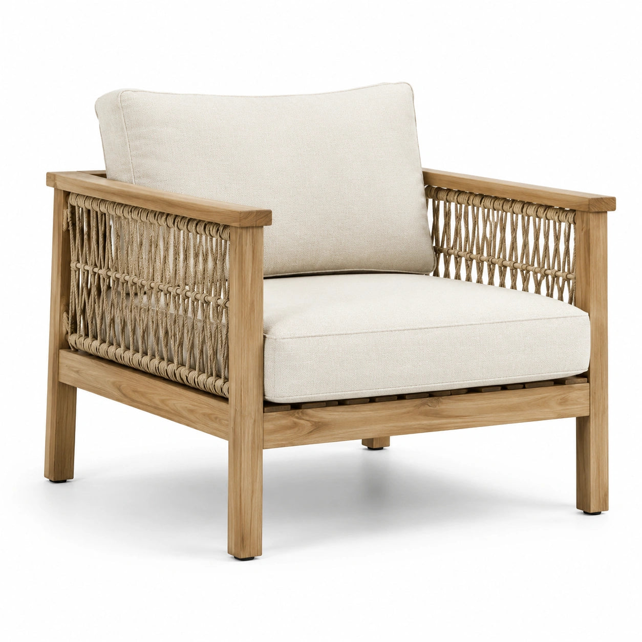 Teakholz Garten-Loungesessel mit Polypropylen-Seil und cremefarbenem Kissen