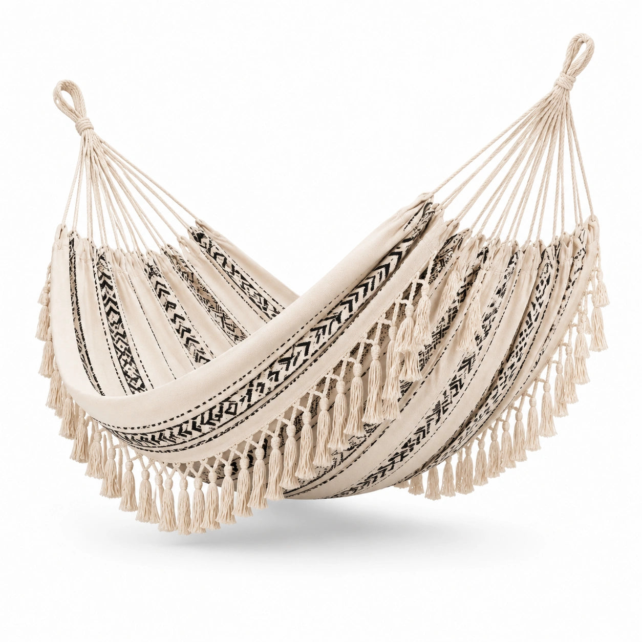 Baumwoll-Hängematte mit Quasten Beige/Schwarz 220x150 cm