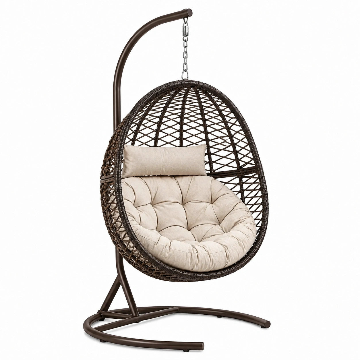 Rattan Hängesessel mit Stahlgestell und Baumwollkissen in Braun/Beige