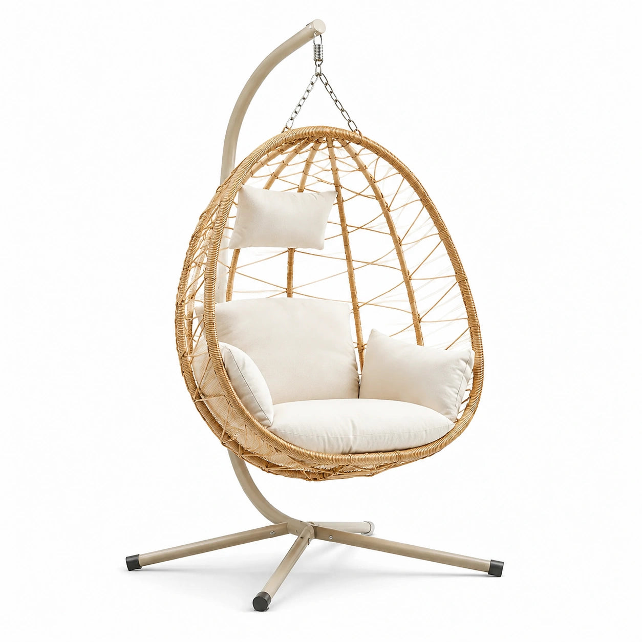 Hängesessel aus Rattan mit Stahlgestell und beige Kissen